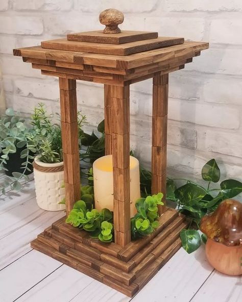 Rebecca on Instagram: "Lantern made with @dollartree Tumbling Tower blocks. Tutorial on my YouTube Bonnie Blings YouTube channel. Click the link in my bio #dollartree #dollartreediy #dollartreecrafts #diy #crafts #craft #homedecor #wood #woodcraft #tumblingtowerblocks #tumblingtowerblocksdiy #lantern" Jenga Blocks Lantern, Dollar Tree Tumbling Tower Blocks Diy Christmas, Jenga Block Lantern Diy, Jenga Pieces Crafts, Dollar Tree Tumbling Tower Crafts, Tumbling Blocks Crafts, Dollar Tree Tumbling Tower Blocks Diy, Tower Blocks Diy, Tumbling Tower Blocks Diy