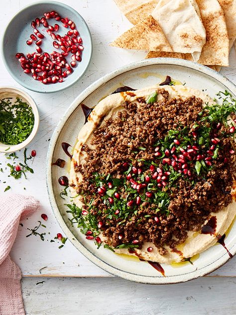 Hummus with spiced Lamb, Pomegranate and Mint | Australian Lamb - Recipes, Cooking Tips and More Pomegranate Lamb, Fermented Green Beans, Spinach Basil Pesto, Quinoa Bars, Roasted Capsicum, Spiced Lamb, Ginger Chutney, Quick Pickled Onions, Asparagus Fries