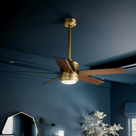 48" Brahm 5 Blade Ceiling Fan Brass | Kichler Lighting Office With Ceiling Fan, Retro Ceiling Fan, Bedroom Fan Ideas, Mid Century Ceiling Fan, Ceiling Fan Ideas, Cieling Fans, Stylish Ceiling Fan, Dining Room Ceiling Fan, Living Room Fans