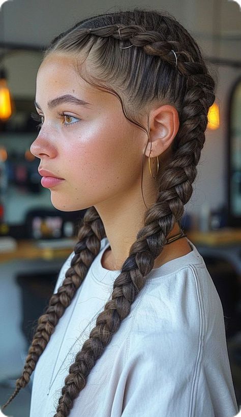 Double Hair Braids, Different Hair Braids Ideas, Cool Dutch Braids, Two Braids Extensions, Dutch Braid Aesthetic, Cute French Braid Hairstyles Short Hair, Braids Makeup Look, Dutch Braid Black Hair, Goddess Dutch Braids