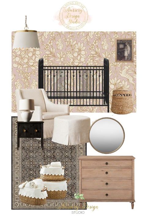 Vintage Look Nursery, Floral Nursery Decor Ideas, Nursery Board Ideas, Vintage Modern Nursery, French Inspired Nursery, Black Crib Nursery, Romantic Nursery, Nursery Styling, Vintage Floral Nursery