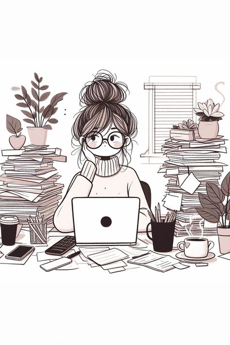 A woman sitting at the desk and working on a laptop Illustration Journaling On Computer, Working At Desk Illustration, Study Girl Drawing, Girl Studying Illustration, Person Studying Drawing, Work Laptop Wallpaper, Women Working On Laptop, Person Sitting At Desk, Remote Inktober