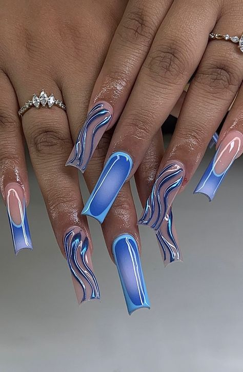 Blue Nail Acrylic Ideas, Classy Baddie Nails Coffin, Jhene Aiko Nail Ideas, Blue Extra Nails, Blue Freestyle Nail Designs, Blue Aura Nails Acrylic, Blue Acrylic Nails Black Women, Album Cover Nails, Chola Nails Acrylic