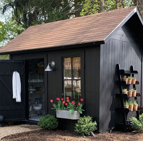 A Black Shed in the Garden with Tulips and an herb rack Sheds Ideas Backyard, Black Shed, Shed Landscaping, Shed Makeover, Pool Shed, Office Shed, Garden Shed Ideas, Shed Office, She Shed Ideas