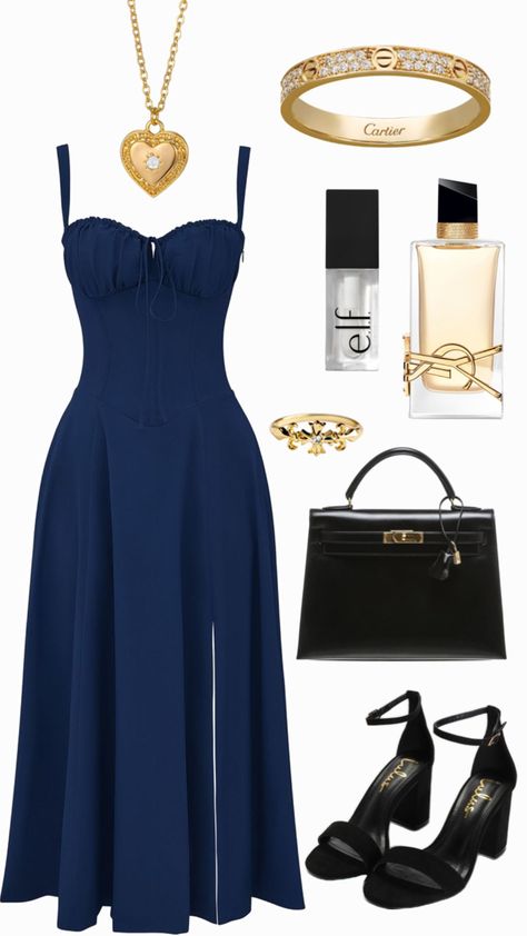 navy blue dress, black & gold accessories, outfit inspo Navy Blue Dress With Gold Jewelry, Navy Dress With Gold Accessories, Navy Blue Elegant Dress Classy, Navy Blue Date Night Outfit, Navy Blue Dress With Gold Accessories, Navy And Silver Outfit, Navy Dress Gold Accessories, What Goes With Navy Blue Pants, Blue And Silver Outfits Classy