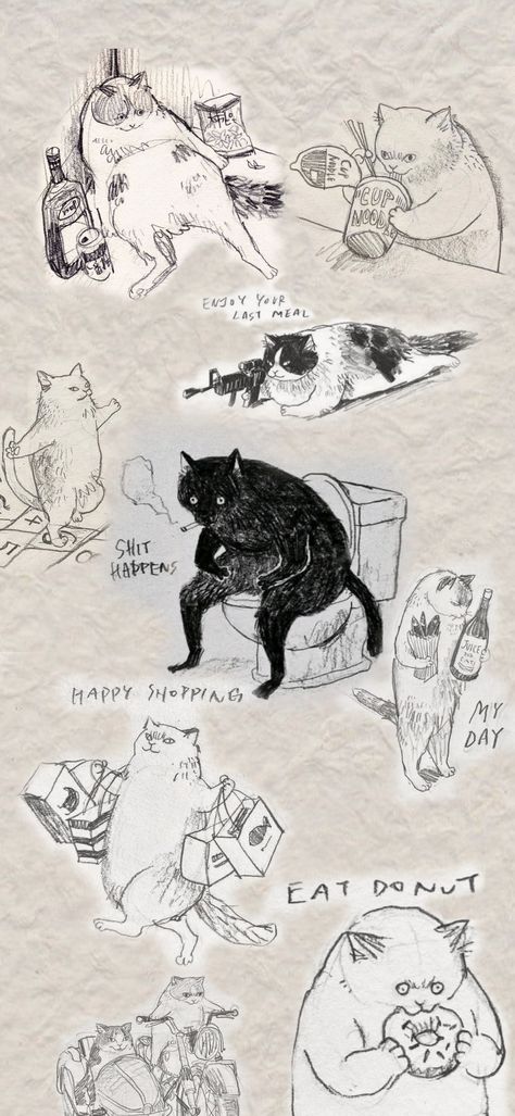 Kathy Lam Cat, Crazy Cats Drawing, Weird Cat Drawing, Funny Cat Sketch, Funny Cat Doodles, Cat Illustration Wallpaper, Cat Drawing Funny, Funny Cat Drawings, Fat Cat Drawing