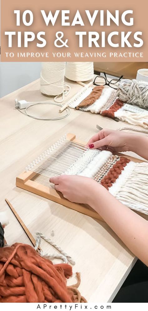 Frame loom on table with a weaving in progress. Weave Loom Patterns, Cardboard Loom Weaving, Frame Loom Weaving, Diy Macrame Projects, Weaving Materials, Tapestry Loom Weaving, Weaving Patterns Loom, Weaving Diy, Macrame Yarn