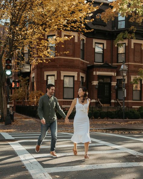 Romanticizing fall in Boston 🥹🍂💛💍 Chloe and Jace were on of the first couples I had ever photographed and now I had the honor of photographing this exciting time in their lives! They are so stinking sweet and frolicking around the city was so fun 🥰 Fall In Boston, Romanticizing Fall, Boston Engagement Photos, Casual Photography, New England Style, Engagement Pics, White Wedding Dresses, In Boston, Engagement Pictures