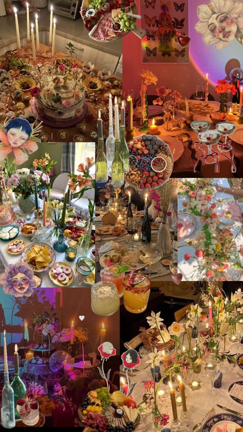 This collage captures an enchanting dinner party with floral arrangements, candlelight, and artistic displays of food. Tables are adorned with flowers, elegant china, and vibrant charcuterie boards. Soft lighting, pastel artwork, and creative cocktails create a dreamy, bohemian atmosphere blending nature, art, and gastronomy. Whimsical Garden Party, Food Tables, Dinner Gathering, Winter Dinner Party, Creative Cocktails, Dinner Party Themes, Pastel Artwork, Creative Cocktail, Candle Light Dinner