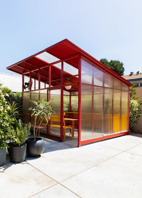 The Shed, Red Greenhouse, Shed Architecture, Red Shed, Module Design, Social Studies Projects, Study Project, Polycarbonate Panels, Garden Office