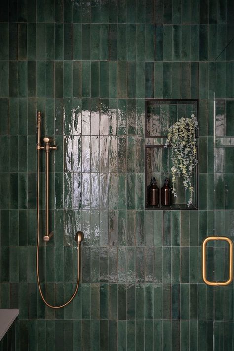 green shower tile Green Shower Tile, Magnolia Bathroom, Dark Green Tile, Bathroom Dark, Fab Mood, Mood Wedding, Moody Bathroom, Bathroom Colour, Dark Green Bathrooms