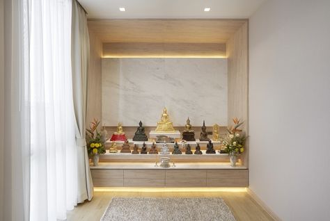 Buddha Room Design, Meditation Room Design, Double Height Living Room, Altar Design, Wooden Sofa Set, Pooja Room Design, Puja Room, Modern Exterior House Designs, Prayer Room