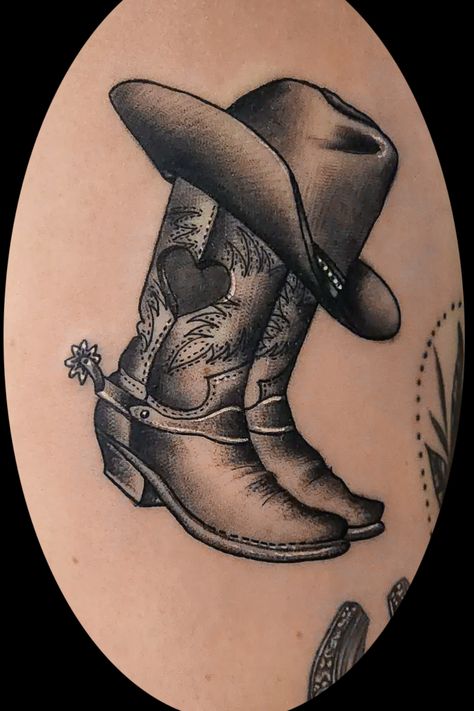 Boot Tattoo Design, Cowboy Boot Hat Tattoo, Black Cowboy Hat Tattoo, Country Boot Tattoos For Women, Texas Boot Tattoo, Guitar And Cowboy Hat Tattoo, Cowboy Boot With Hat Tattoo, Cowboy Hat Memorial Tattoo, Cowboy Boots And Hat Memorial Tattoo