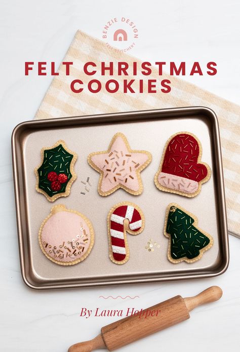 Felt Christmas Cookies Tutorial Felt Christmas Cookies, Color Frosting, Felt Food Diy, Felt Food Patterns, Cookie Tin, Felt Play Food, Cookie Tutorials, Food Patterns, Felt Food