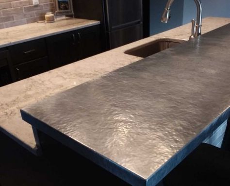 Hammered Zinc Bar Top Zinc Bar Top, Metal Bar Top, Metal Countertops, Copper Range Hood, Chimney Cap, Bar Designs, Wall Mount Range Hood, Home Bar Designs, Copper Frame