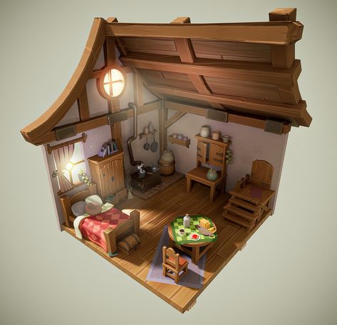 ArtStation - Stylized House Interior, Axel Drouault Stylized Interior Concept Art, Blender Project Ideas, Wood House Drawing, Blender House, Norwegian Interior Design, Stylized House, 3d Environment Art, Cottage House Interior, Wooden Cabin Interior