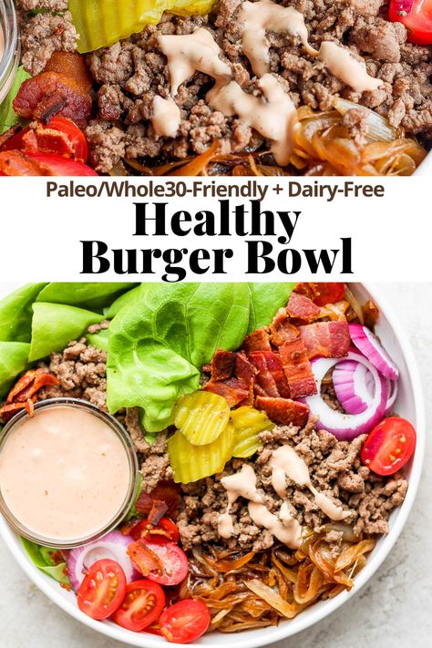 Healthy Hamburger Bowl Recipes, Whole 30 Burger Bowl, Hamburger Bowl Recipes, Healthy Burger Bowl, Natural Meals, Burger Bowl, Wooden Skillet, Bowls Recipes, Burger Salad