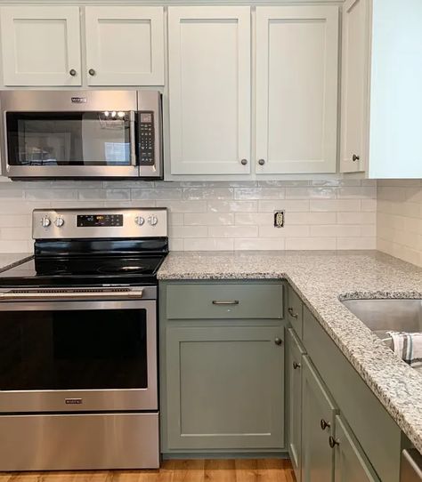 Kitchen Cabinets Kitchen With Green Bottom Cabinets, 2 Toned Kitchen Cabinets Green, Gally Kitchen Color Ideas, Kitchen Paint And Cabinet Colors, Greenish Grey Cabinets Kitchen, Bottom Cabinets Green Top White, Green And White Kitchen Cabinets Modern, Greenish Blue Cabinets Kitchen, Small Two Toned Kitchen