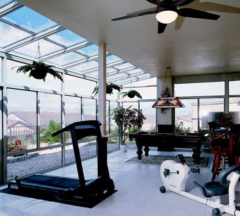 Sunroom Exercise Room Ideas | Sunquest Living Maryland Balcony Gym Ideas, Large Sunroom Ideas, Exercise Room Ideas, Sunroom Office Ideas, Big Balcony Ideas, Balcony Gym, Large Sunroom, Glass Sunroom, Basement Home Gym