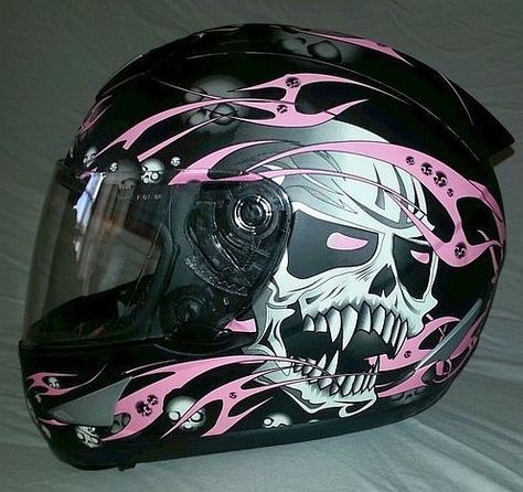 AFX Helmet (Women's Used Motorcycle Helmets, Black w/ Pink Skulls, Ladies Streetbike Motorcycle Helmets Black, Pink Motorcycle Helmet, Cool Bike Helmets, Motorcycle Helmet Design, Pink Motorcycle, Biker Helmets, Cool Motorcycle Helmets, Image Moto, Custom Sport Bikes