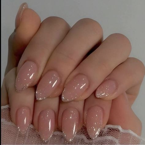 Nude Glitter Tip Nails, French Shimmer Nails, Deb Nails, Glittery French Tip Nails, Shimmer Nails, Neutral Nails Acrylic, Concert Nails, Bridesmaids Nails, Glittery Nails