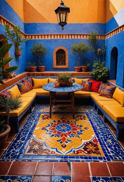 Mexican Hacienda Landscape, Patio Mexicano, Mexican Patio Ideas, Mexican House Exterior, Mexico Interior, Mexican Home Design, Privacy Trellis, Mexico Decor, Mexican Restaurant Decor