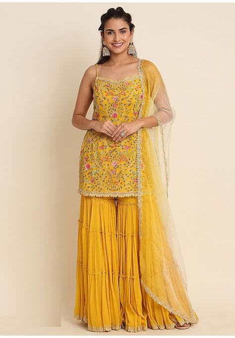 Sarara Dress, Yellow Sharara, Sharara Dress, Sheer Dupatta, Haldi Dress, Cutdana Work, Sharara Designs, Georgette Kurta, Haldi Outfit