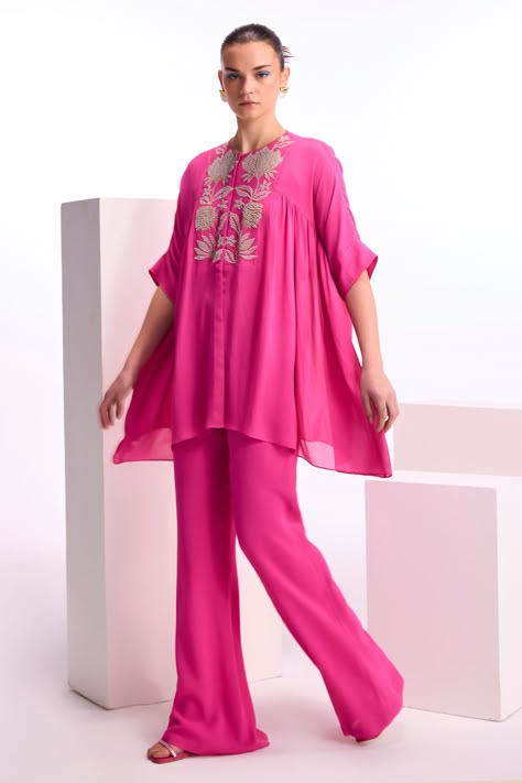 Buy Fuchsia Textured Georgette Hibiscus Gathered Top And Pant Set For Women by Namrata Joshipura Online at Aza Fashions. Indian Cords Outfit, Ethnic Coord Sets For Women, Pant And Top Set, Placement Pattern, Fancy Dress Patterns, Hand Embroidered Dress, Co Ords Outfits, Short Blouse, Coord Sets