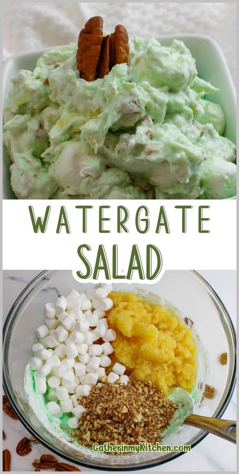 Uncover the simplicity of making Watergate Salad with this 5 ingredient recipe that brings together the unique flavors of pistachio and crushed pineapple, accented by cool whip and pecans for a quick vintage dessert or Sweet Salad addition to your menu. Millionaire Salad, Watergate Salad Recipe, Fluff Salads, Marshmallow Salad, Adkins Diet, Lime Jello Salads, Fluff Salad Recipes, Watergate Salad, Pistachio Recipes