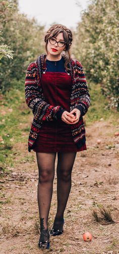 Outrageous Outfits For Women, Red Velvet Skirt Outfit Winter, Red Overall Dress Outfit, Short Overalls Fall Outfit, Fall Outfits Women Alternative, Womens Overall Dress, Dark Boho Outfits Casual, Goth Aesthetic Style, Moody Outfit Style