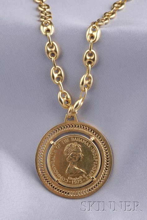 14kt Gold Coin Pendant and Chain | Sale Number 2487, Lot Number 78 | Skinner Auctioneers Gold Coin Jewelry, Gold Coin Pendant, Ancient Coin, Gold Coin Necklace, Indian Jewelry Sets, Gold Chains For Men, Gold Coin, Coin Jewelry, Vintage Jewels