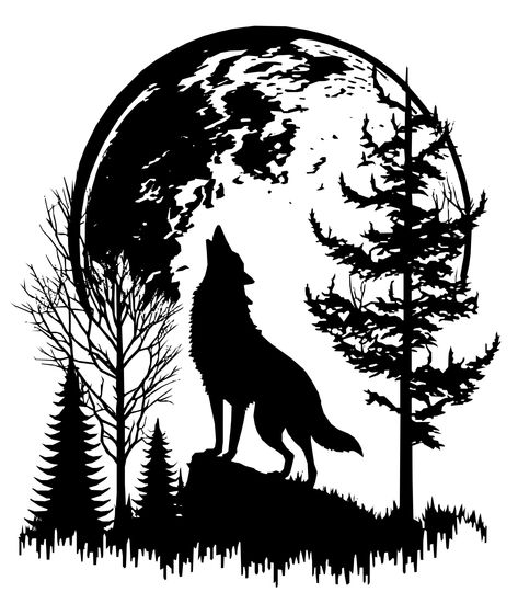 Wolf Silloettes, Wolf Howling Tattoo Design, Moon Silhouette Tattoo, Sillouette Art Ideas, Wolf And Moon Drawing, Silhouette Art Nature, Shilloute Art, Wolf Silhouette Tattoo, Wolf Stencil