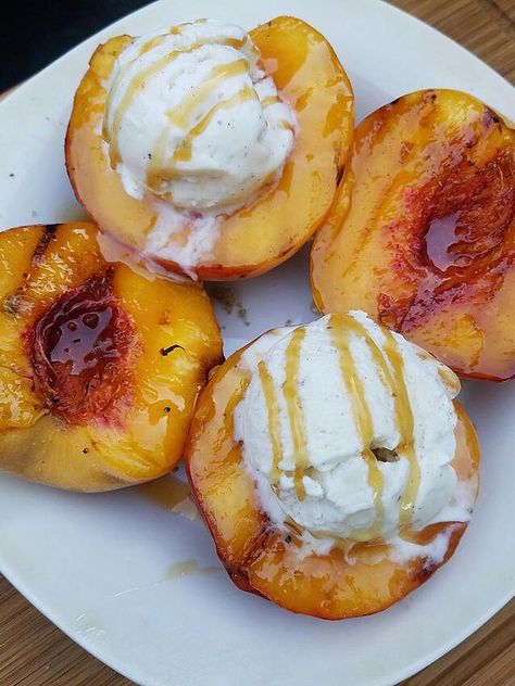 Grilled Peaches and Ice Cream Recipe | Allrecipes Peaches And Ice Cream, Grill Vegetables In Foil, Campfire Desserts, 5 Ingredient Dinners, Peach Ice Cream, Peach Desserts, Vanilla Bean Ice Cream, Summer Appetizer, Grilled Peaches