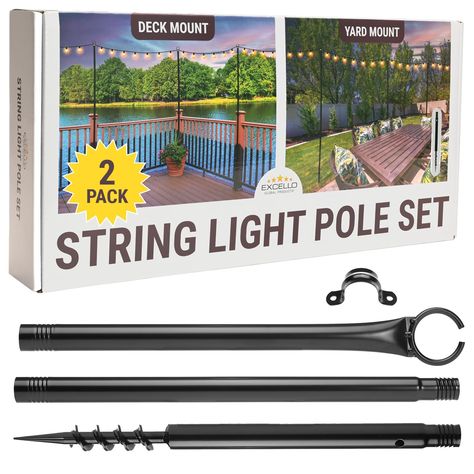 PRICES MAY VARY. PERFECT FOR ANY PATIO OR DECK: Enhance the ambiance of your outdoor space without ducking! Each pole extends to 9 feet tall and features a open-clasp cord holder atop the pole to keep your favorite string lights hanging securely above. INCLUDES: (2) Poles. Lights not included. MULTIPLE MOUNTING OPTIONS: The set includes two mounting options. Use the included ground stakes for installation on grass or use the brackets for installation on wooden decks. WHAT'S INCLUDED: 9-foot blac Backyard String Lights Ideas, Yard String Lights, Deck Lighting Ideas, Deck String Lights, String Light Poles, Backyard String Lights, Hiking Supplies, Exterior Lights, Led String Lights Outdoor