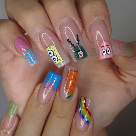 Sponge Bob long nails on instagram @cocktailnailsgt 90s Cartoon Nails Acrylic, Nails Design 2022, Design Summer Nails, Lilac Nails Design, Coral Nails With Design, 90s Nails, Nails With Design, 2022 Nails, Yellow Nails Design