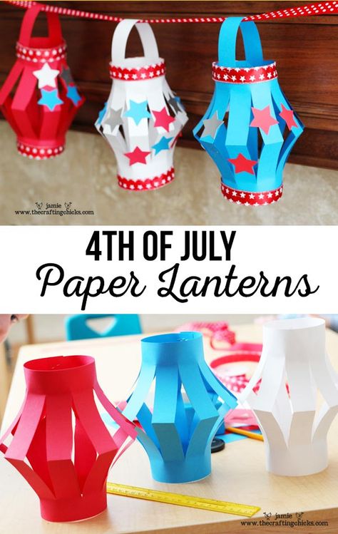 Paper Lanterns, 4th of July Style. This is a fun Kid's Craft for your upcoming 4th of July Festivities. And a great way to keep the kids busy. Kunst For Barn, Fourth Of July Crafts For Kids, 4th July Crafts, Summer Camp Crafts, Hiking Pictures, Patriotic Crafts, Daycare Crafts, Paper Lantern, Crafty Kids