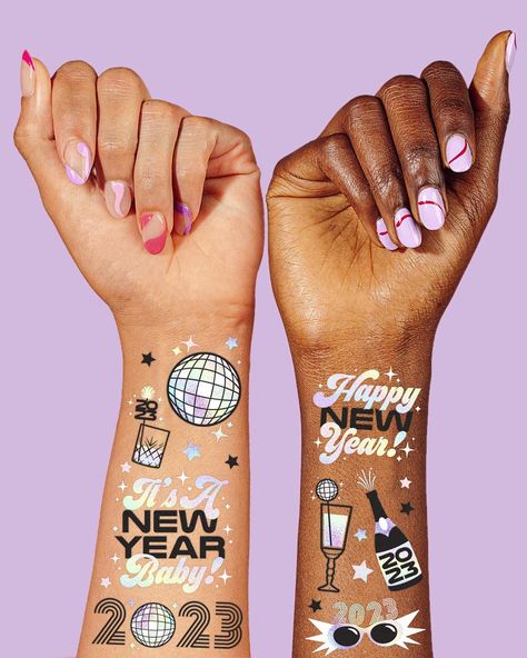 Ring in the new year with temporary tattoos. Qty of 42. Eve Tattoo, Midnight Kisses, New Year Decorations, Black Sheets, Ring In The New Year, Nye Party, New Years Decorations, Metallic Foil, Eve Parties