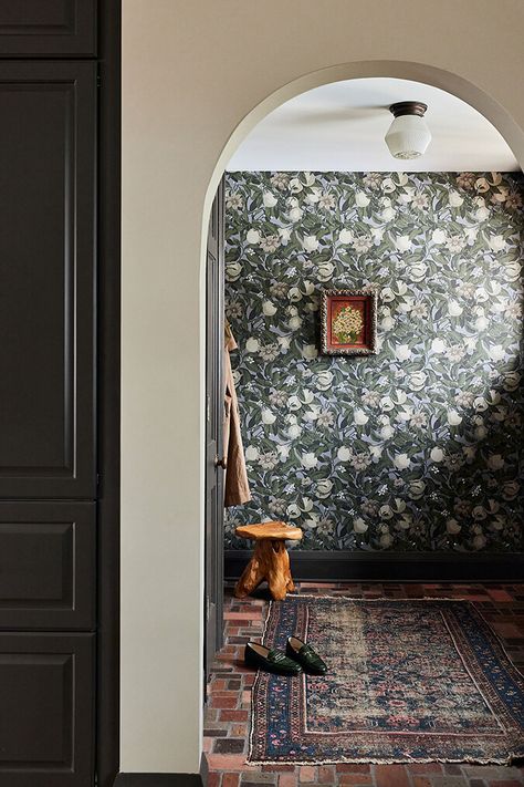 Tudor Revival Interior, Brick Floors, Arched Doorway, Entryway Tile, Blue Bathroom Tile, Dark Trim, Arch Doorway, Maine Cottage, Tudor Revival