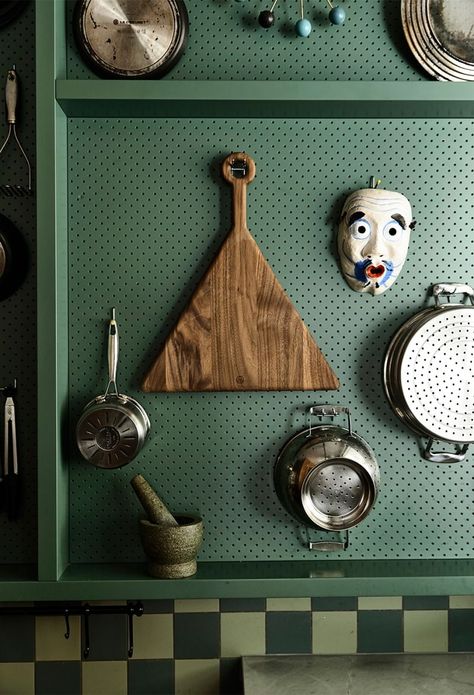 kitchen pegboard 1950s House, Kitchen Organization Ideas, Low Tech, Green Frame, Julia Child, Green Kitchen, Peg Board, English Cottage, Kitchen Inspo