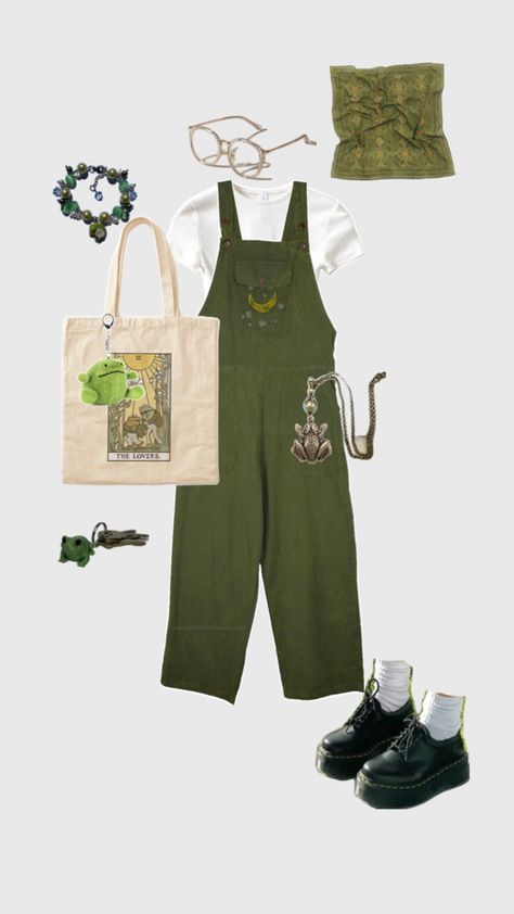 #green #outfit #cottagecore #overalls #aesthetic #frogcore #frog #wardrobe Cottagecore Back To School Outfits, Womens Cottagecore Fashion, Cottagecore Green Outfit, Froggy Outfit Aesthetic, Cottagecore Nonbinary Outfits, Frog Core Outfit, Frogcore Outfits, Cottagecore With Jeans, Green Witch Outfit Aesthetic