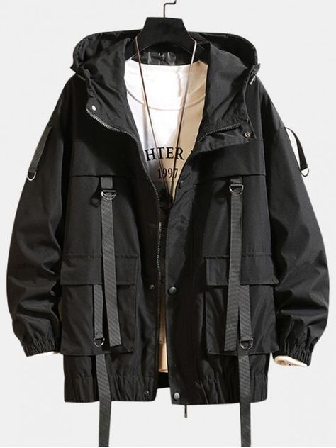 Solid Color Pocket Decorated Hooded Jacket - Black 2xl #mensfashion #mensclothing #clothes #outwear #jacket #coat Black Jacket Ideas, Cool Outfits For Men Aesthetic, Techwear Jackets Men, Jacket Outfit Drawing, Men's T-shirts, Black Jacket Aesthetic, Black Clothes Men, Draw Jacket, Anime Style Clothes