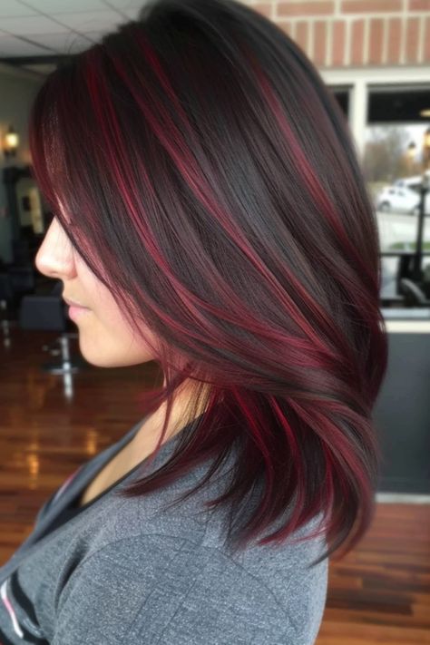 Burgundy Red Highlights On Dark Hair, Red Lowlights For Brunettes, Ted Highlights For Black Hair, Black With Red Streaks, Hear Color, Hight Light Hair Styles, Ways To Color Hair, What Color Highlights For Brown Hair, Black Hair With Red Lowlights