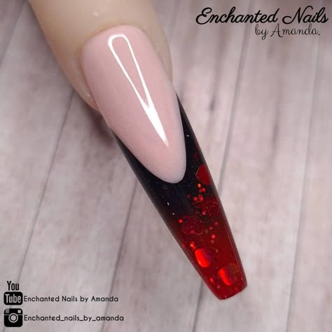 French nails, Valentines Acrylic Nail with a black and red ombre tip. Black And Red Ombre Nails, Acrylic Nails With Black, Nails Black And Red, Black And Red Ombre, Valentines Nails French, Acrylic Nails Black, French Fade Nails, Nails With Black, Acrylic Nails Stiletto