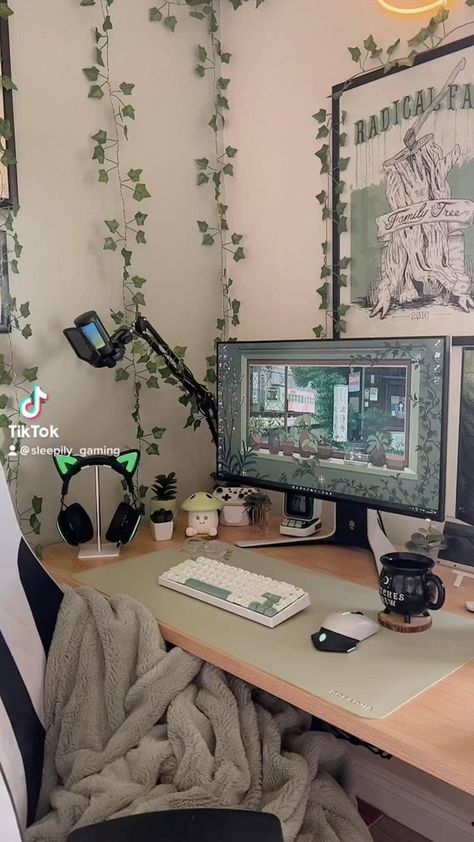 Desk In Closet Aesthetic, Dark Gaming Setup Aesthetic, Forestcore Gaming Setup, Aesthic Desk Ideas, Cozy Streaming Room, Stream Room Aesthetic, Aesthetic Streaming Room, Drawing Tablet Desk Setup Aesthetic, Subtle Anime Room Decor