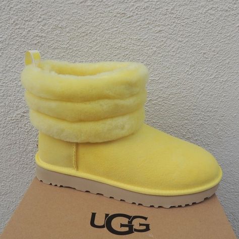 Yellow Fluff Mini Quilted Uggs Yellow Uggs, New Uggs, Grey Ugg Boots, Ugg Ankle Boots, Ugg Leather Boots, Fluffy Shoes, Black Snow Boots, Ugg Classic Tall, Shoes Yellow