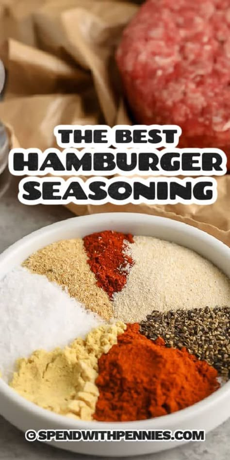 Homemade hamburger seasoning is a must have recipe for all those summertime grilling needs. This tasty spice mix is simple and delish. #spendwithpennies #hamburgerseasoning #spicemix #seasoningblend Seasoning For Hamburgers, Hamburgers On The Stove, Hamburger Spices, Hamburger Seasoning Recipe, Best Burger Seasoning, Burger Recipes Seasoning, Burger Spice, Homemade Hamburger Patties, Homemade Burger Recipe