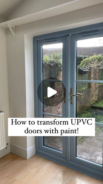 Emily on Instagram: "Ad - How I transformed our ugly brown upvc doors with @makeitrustoleum paint!   I really wanted to replace these when we first moved in two years ago but doors are expensive 😅 and so I resigned myself to staring at the ugly boring doors forever until I discovered upvc paint!   It was so much easier to do than I thought, but here are my top tips if you want to give it a try yourself:  🧼 Prepare your surface well! Clean off any dirt or grease, lightly sand the surface to create a bit more of a grippy surface for the paint to stick to and then clean again with a microfibre cloth. You can use tape to protect your hardware but I love using a glass scraper to get a clean finish too!  🩵 Choose a specialist upvc paint in a fun colour like this one in ‘Nans best china’ from Paint Upvc Conservatory, Upvc Back Door Ideas, Painted Patio Doors Interior, Painting Plastic Window Frames, Patio Door Paint Ideas, Paint Upvc Front Door, Pvc Painted Door, French Door Paint Ideas, Pvc Door Makeover