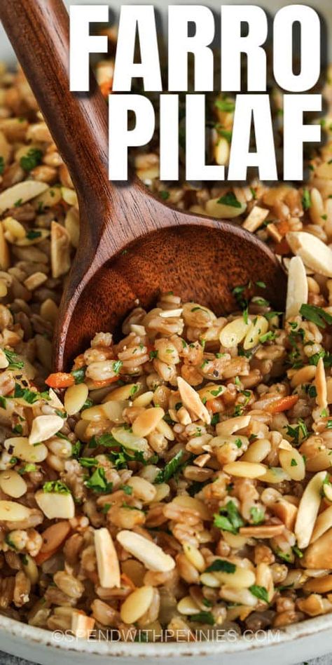 Try making this delicious farro recipe for batch cooking or use it for make-ahead meals. It's perfect when layered into a casserole or chopped salad. #spendwithpennies #pilaf #farropilaf #sidedish #recipe #instantpot #stovetop #easy #healthy #cooking #recipes Farro Pilaf, Easy Healthy Cooking, Healthy Cooking Recipes, Farro Recipes, Farro Salad, Rice Side Dishes, Healthy Grains, Vegetarian Entrees, Rice Pilaf