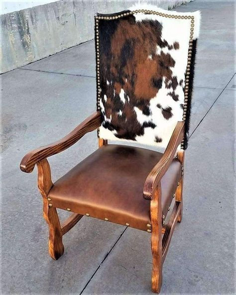 Cowhide and leather upholstered western dining chairs. Custom made in the USA. Your Western Decor. Western Furniture, Leather Bar Chairs, Western Chair, Cowhide Decor, Cowhide Furniture, Cowhide Chair, Cabin Furniture, Southwest Decor, King Ranch