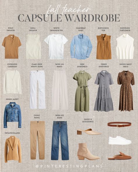 Teacher Fall Capsule Wardrobe 2023 - Pinteresting Plans Capsule Wardrobe Teacher, Simple Teacher Outfits, Teacher Wardrobe Capsule, Fall Capsule Wardrobe 2023, Capsule Wardrobe 2023, Teacher Capsule Wardrobe, Capsule Wardrobe Dresses, Appropriate Outfits, Business Casual Dress Code